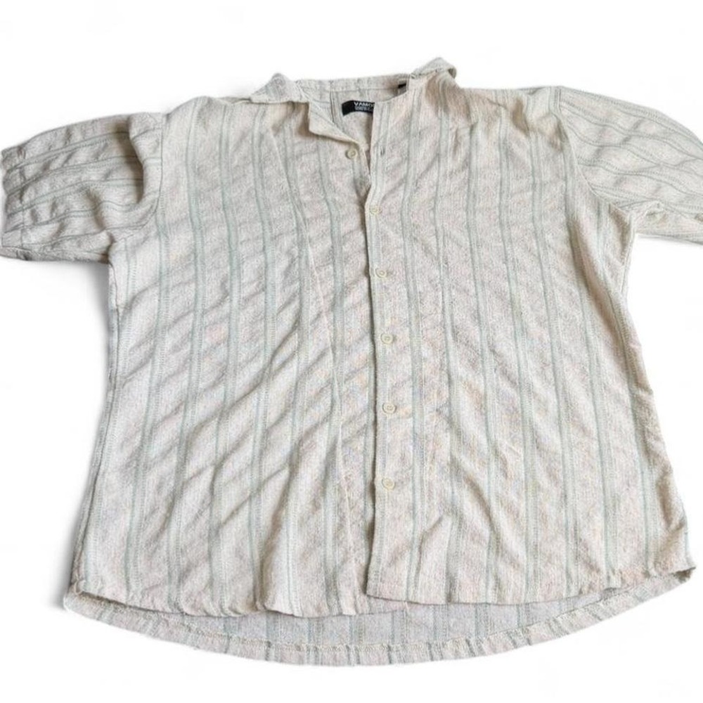 Vamos 3XL Textured Striped Short Sleeve Button Up Shirt‎ Green Cream